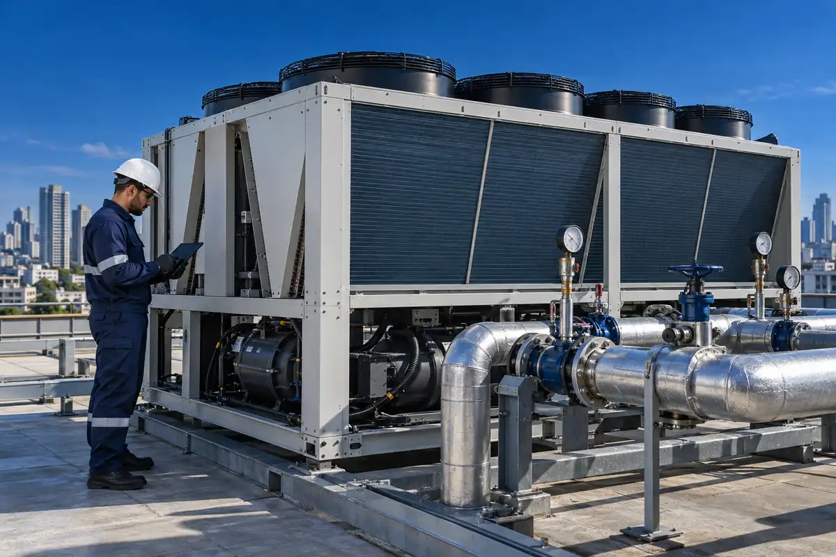 Técnico realizando manutenção preventiva em um chiller industrial de grande porte