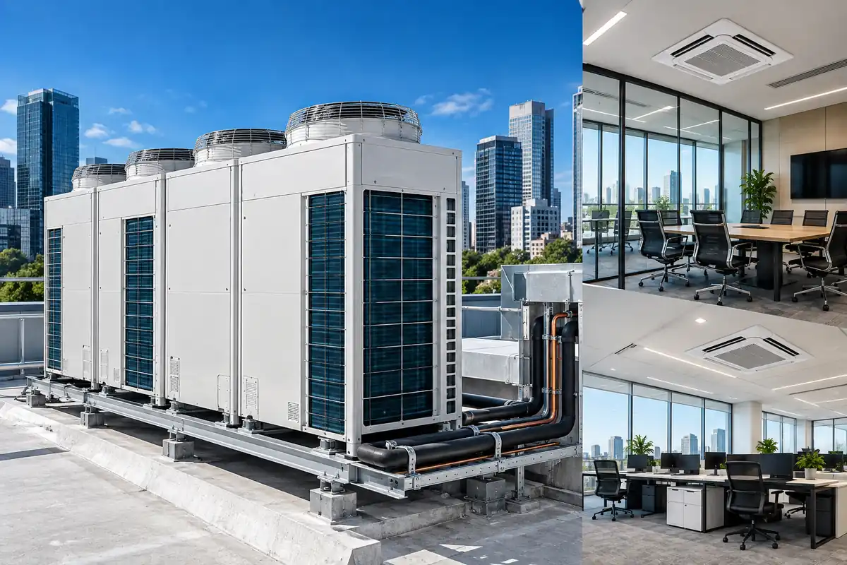 Sistema VRF com condensadoras externas e unidades internas em ambientes corporativos