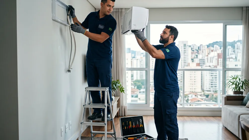 Dois técnicos removendo um ar-condicionado para reinstalação
